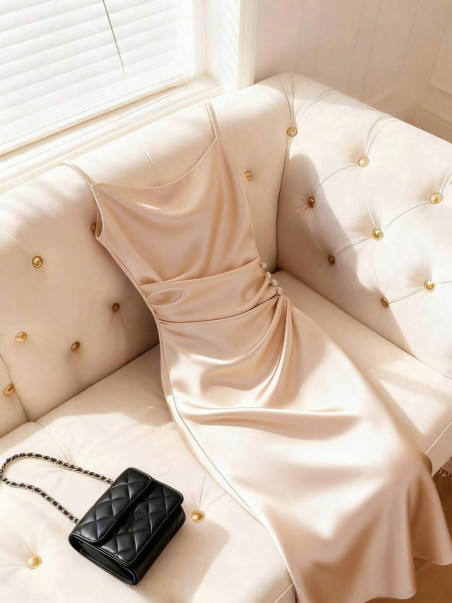 Franclia French-Style, Limited-Edition, High-End Design, Unique And Sexy Outdoor Camisole Dress, Versatile, Pleated, Button-Down, Spring/Summer Women's Dress, Elegant Party Dress, Women's Vacation Dress, Women's Valentine's Day Dress, Women's Camisole Dress, Women's Apricot Dress, Women's Shiny Dress. - Apricot - View 1