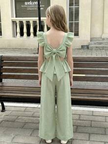 SHEIN 少女薄荷绿纹理面料蝴蝶结后背荷叶边衬衫和裤子两件套 - 薄荷綠 - 查看 6