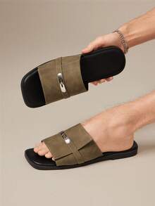 SHUZIA Men's Metal Buckled Reinforced PU Heavy Duty Comfortable Slide Sandals Valentine's Day - Olive Green - View 3