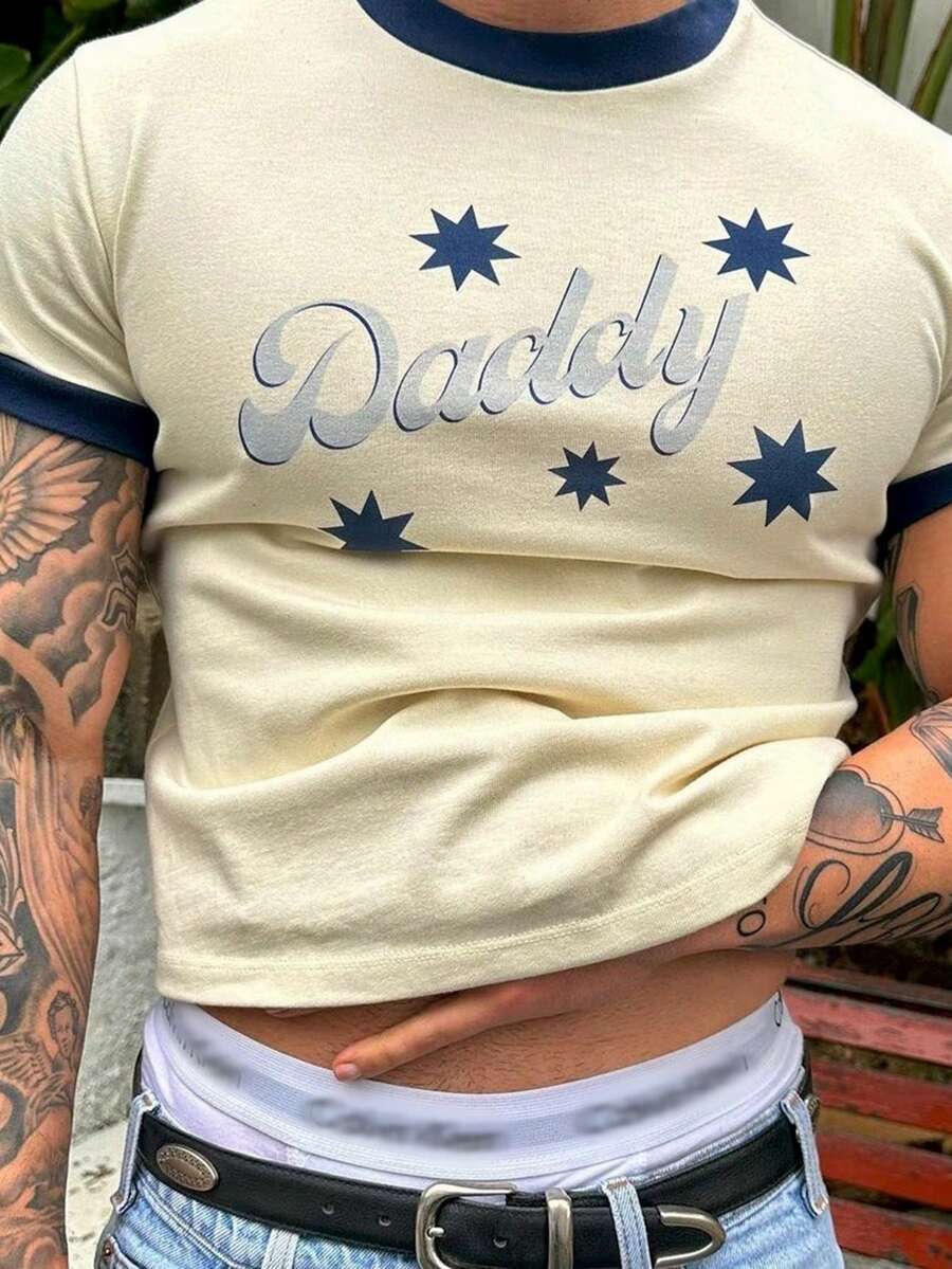 Resyla Men 春夏休闲街头风紧身性感英文图案撞色“Daddy”印花男士T恤