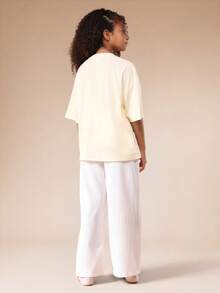 SUMWON 少女印花T恤阔腿裤套装，加州芙蓉花印花，夏季度假两件套休闲女童装 - 黃色 - 查看 2