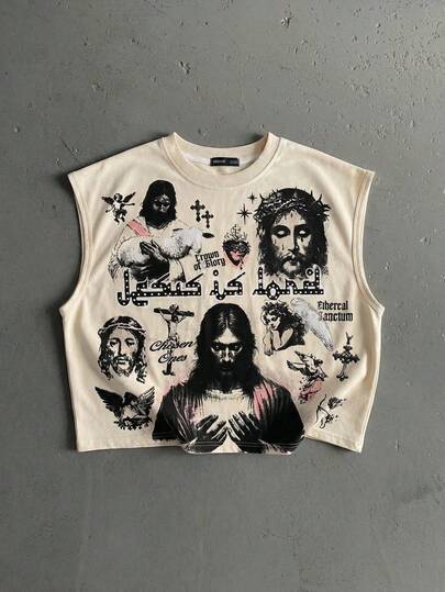 ROMWE MEN Street Life Men's Printed Vest, Vintage Street Style Loose Cropped