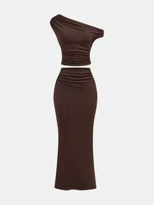 少女休闲斜肩短袖修身T恤不对称褶皱贴身半身裙套装 少女两件套 - 棕色 - 查看 3