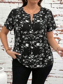 SHEIN Clasi Áo sơ mi tay ngắn cổ chữ V in hoa cỡ lớn, kiểu dáng thường ngày. - màu đen - Xem 4