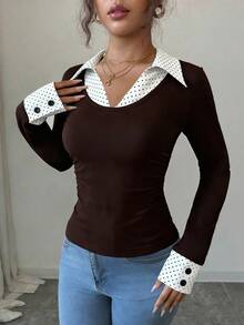 Elenzga 女士优雅休闲黑白波点叠层长袖衬衫，Y2K复古时尚上衣，适合休闲、派对、春秋季正式场合，百搭衬衫，耐穿面料，适合女士聚会、约会、通勤、秋冬季日常生活，也适合万圣节、圣诞节、沙特国庆日、新年派对、毕业典礼、角色扮演等场合。 - 咖啡棕 - 查看 3