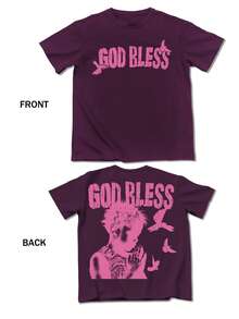 Manfinity EMRG 男士字母和数字印花圆领短袖休闲百搭T恤 - 紫色 - 查看 2