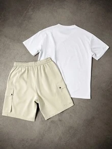 Sorvial Conjunto de camiseta de cuello redondo de manga corta con bolsillo y pantalones cortos con cordón para hombre - Multicolor - Ver 2