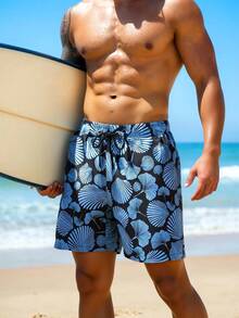 Horizaway Pantalones cortos casuales de playa con cintura con cordón y bolsillos en diagonal, estampado total para hombres - Negro - Ver 7