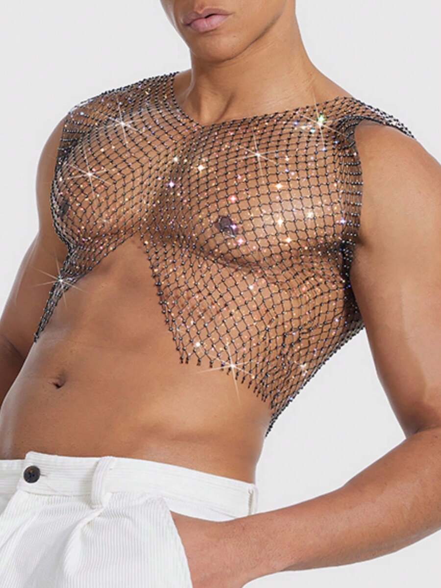WENEZON Men's Black V-Neck Fishnet Sleeveless Top With Rhinestone Decor Rhinestone Mesh Top Men - Black - View 1