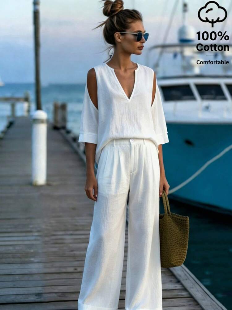 Women's Off-Shoulder V-Neck Blouse And Cotton Pants 2 Pieces Set - White - View 4