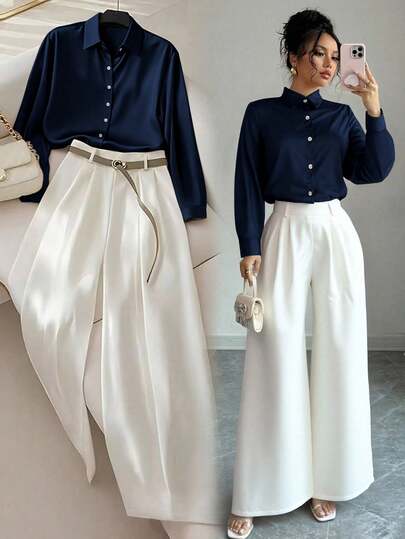 Franclia 女士优雅纯色单排扣衬衫和裤子两件套
