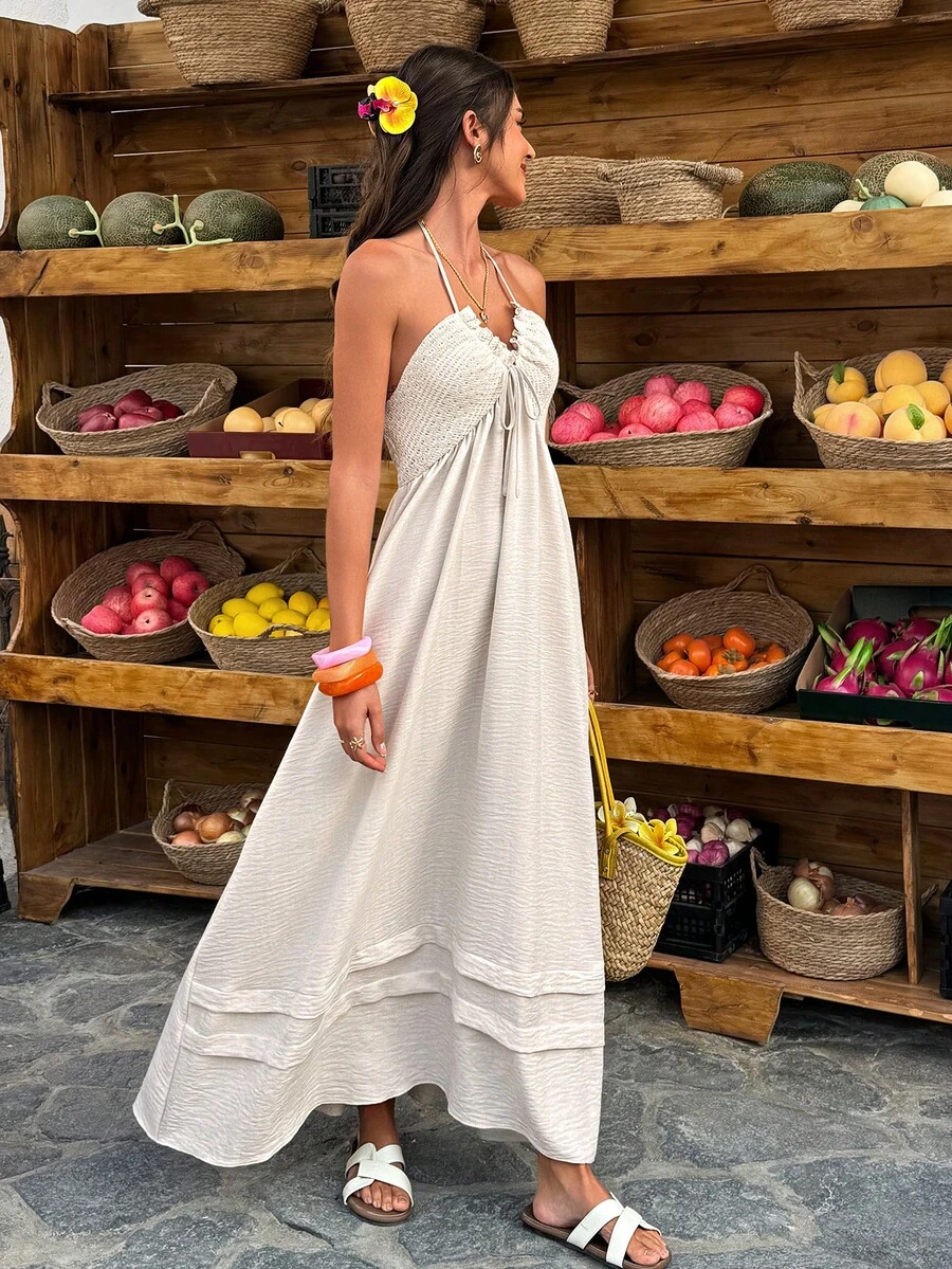 Selianne Apricot Halter Neck Cami Maxi Dress - Hollow-Out Fabric Paneled, For Bohemian Vacation, Daily Outings & Parties, Women's Spring & Summer Dress - Apricot - View 1