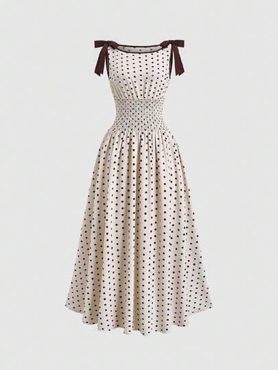 Sweetra 春夏新款时尚镂空性感修身优雅度假百搭舒适蝴蝶波点杏色连衣裙