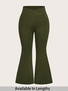 SHEIN PETITE CURVE Quần legging ống loe cạp cao thiết kế chéo dành cho nữ cỡ Plus Petite. Phù hợp cho nữ. - xanh quân đội - Xem 1
