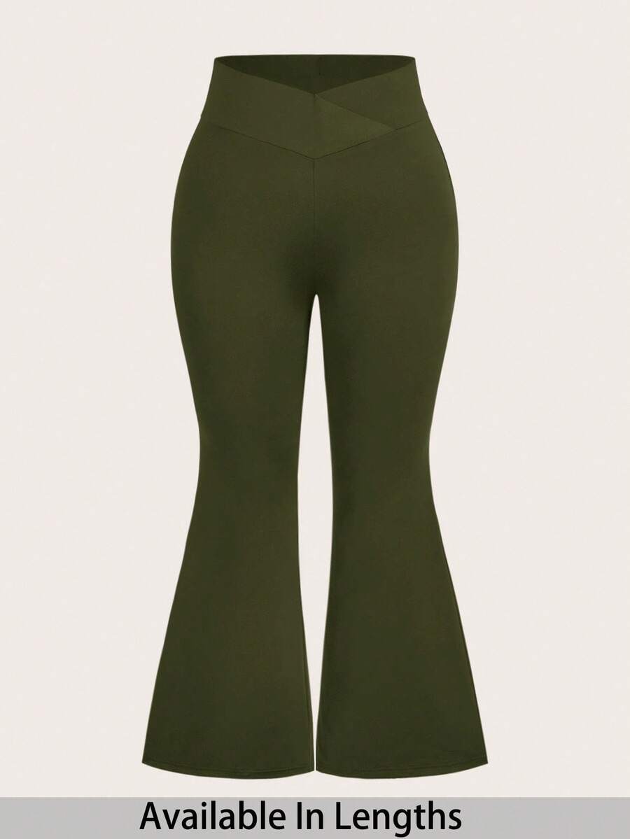 SHEIN PETITE CURVE Quần legging ống loe cạp cao thiết kế chéo dành cho nữ cỡ Plus Petite. Phù hợp cho nữ. - xanh quân đội - Xem 1