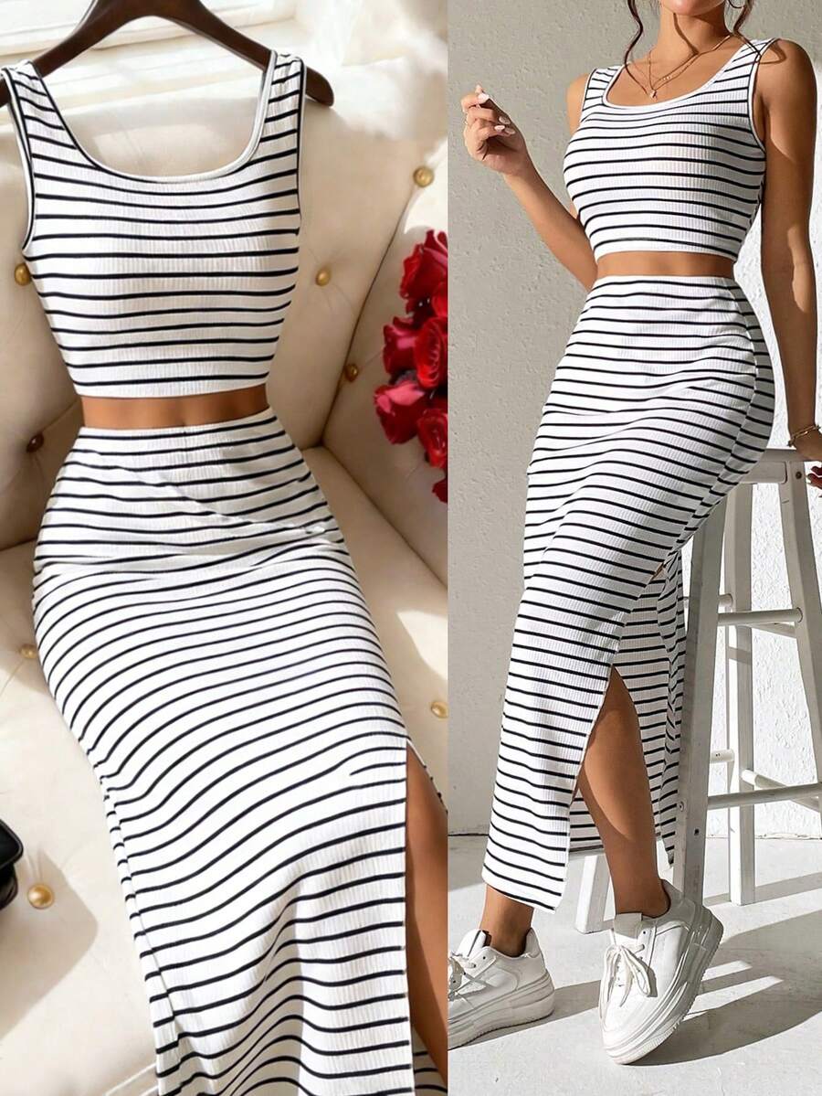 Flirla Striped Print Tank Top & Split Hem Skirt - Black and White - View 1