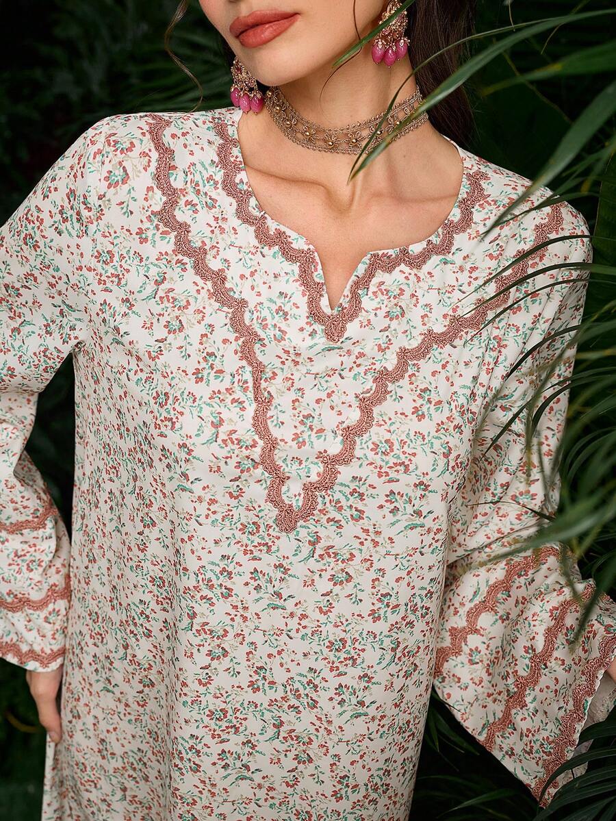 Al Najma Vestido con cuello en V, parches, volantes y mangas acampanadas con estampado floral, para primavera/verano