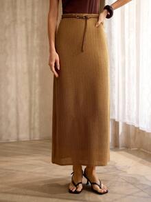 MOTF PREMIUM TEXTURED HOLLOW-OUT FABRIC LONG SKIRT, VINTAGE STYLE, SPRING/SUMMER - Khaki - View 5