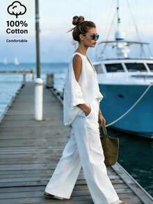 Balvessa Women's Off-Shoulder V-Neck Blouse And Cotton Pants 2 Pieces Set - White - View 3