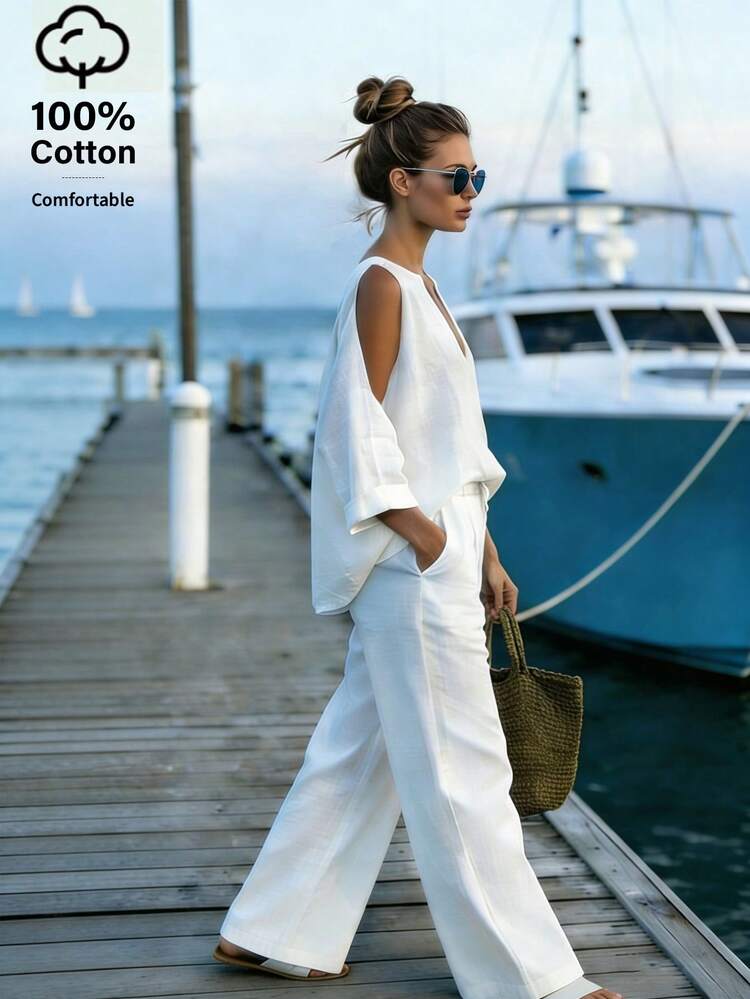 Women's Off-Shoulder V-Neck Blouse And Cotton Pants 2 Pieces Set - White - View 3