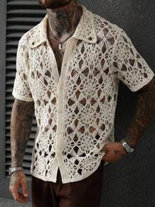 Manfinity Homme Hand-Crocheted Front Button Casual Short Sleeve POLO Cardigan Top - Apricot - View 3