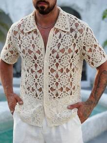 Manfinity Homme Hand-Crocheted Front Button Casual Short Sleeve POLO Cardigan Top - Apricot - View 4