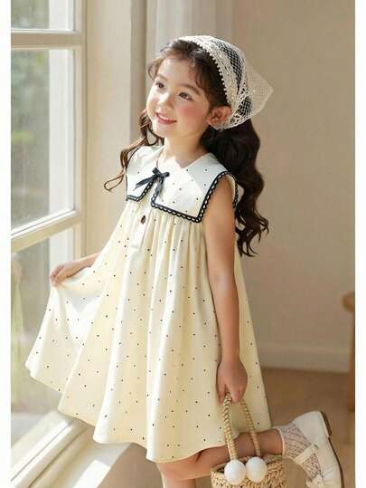 Girls' Casual Polka Dot Dress With Cute Bow Lace Trim Square Collar Open Front, Suitable For Daily Casual, Vacation, Commute, Elegant Outfit