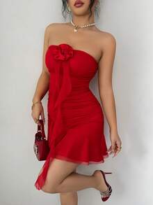SHEIN Raffinéa Valentine's Day New Mesh High Elasticity Knit Patchwork 3D Floral Solid Color Fitted Bustier Double Layer Design Hand-Studded Flower Ruffle Waist Backless Bodycon Mini Dress, Romantic Spring/Summer Party, Holiday, Date Night, Valentine's Day, Elegant Sexy Y2KWomen's Sexy Red Strapless Bodycon Mini Dress With Ruffle Hem And Mesh Details - Red - View 5