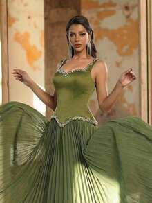 Glamrae Elegant Grayish Green Satin Chiffon Patchwork Pleated Hem Dress,Fashionable Minimalist Formal Gown For Birthday Parties,Weddings & Vacations - Green - View 5