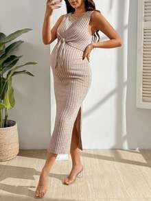 SHEIN Women Solid Ribbed Knit Sleeveless Tie Front Nursing Maternity Dress - Khaki - View 4