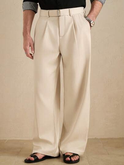 Core Aspect Men's Casual Everyday Workwear Minimalist Solid Color Pleated Slant Pocket Straight Leg Pants With Belt/Pleated Pants/Cream Pants/Comfortable Men's Relaxed Fit Beige Pants With Belt Detail For Everyday Style/Men's Off-White Textured Gurkha Pleated Casual Pants - Adjustable Side Buckles, #GurkhaPants #TexturedPants