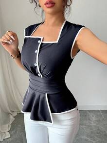 Rafferiza Women's Sleeveless Square Neck Design Waist Cinched Flared Hem Elegant Casual Commute Outdoor Work Versatile Black & Apricot Color Block Blouse, Spring/Summer Peplum Top Women Women Tops Elegant Classy Top Peplum Blouse Contrasting Shirt Square Collar Top Square Collar Peplum Top - Dark Wash - View 6