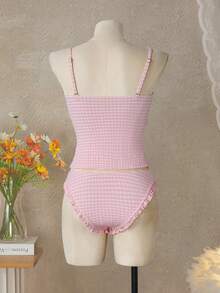 Swim Mod Dam baddräkt med rutigt tryck, volangkant och topp med trekantsunderdelar, tankini - Svart - Visa 2