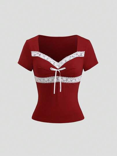 Sweetra Romantic, Sexy, Cute, Soft, Elegant, Chic, Sweet Girl, Retro, Pure, Date, Casual, Outing, Party, Valentine's Day Short Sleeve Bow Collar Color Block White Lace Splice Red Women's T-Shirt Top, Spring/Summer/Autumn