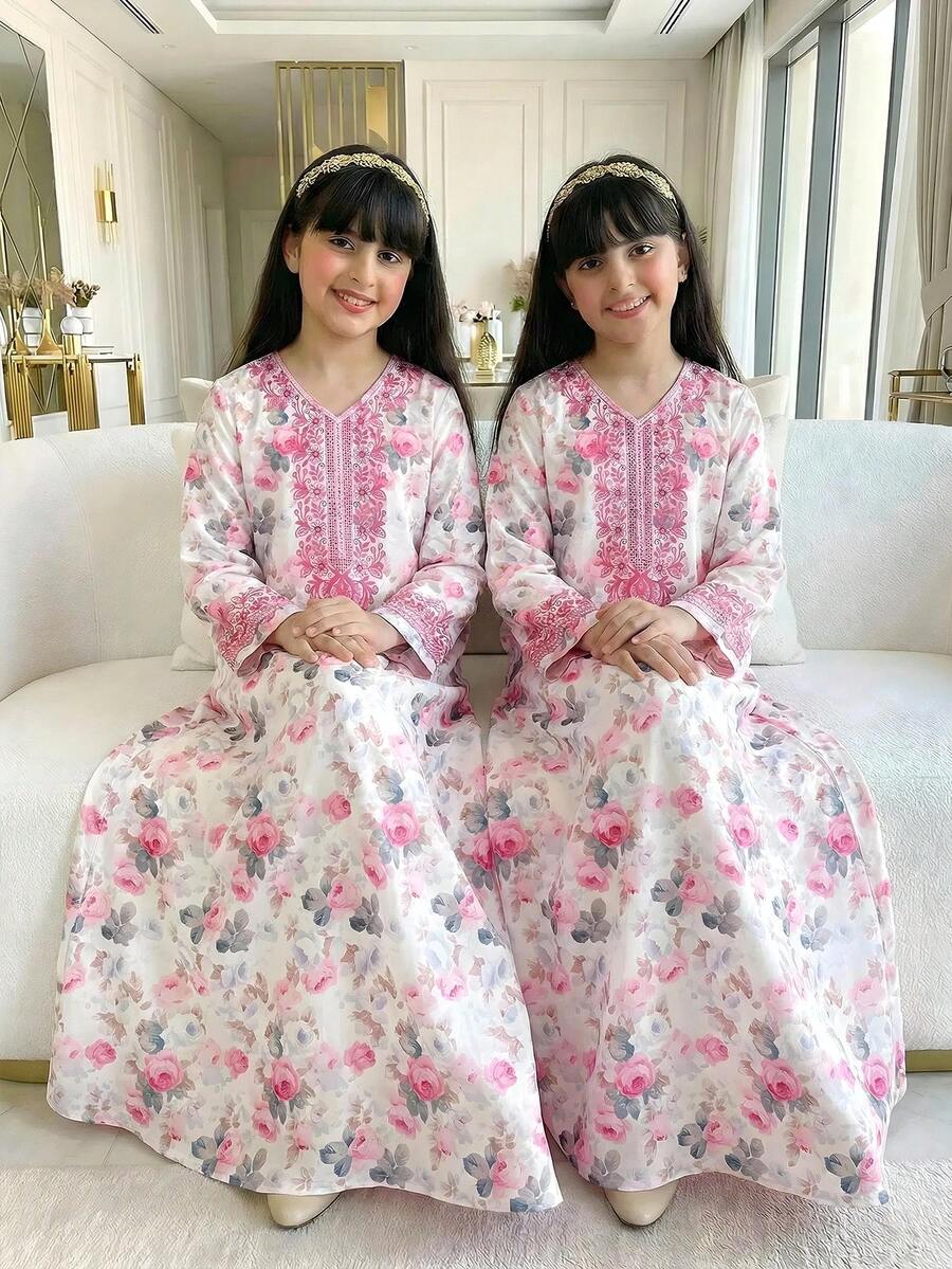 白色與粉色女孩花卉印花長款大碼洋裝,端莊優雅高端波西米亞風海灘度假寬鬆洋裝,適合前青春期女孩婚禮、秋季,短袖 - 彩色 - 查看 1