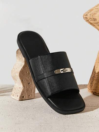 SHUZIA Men's Metal Buckled Reinforced PU Heavy Duty Comfortable Slide Sandals