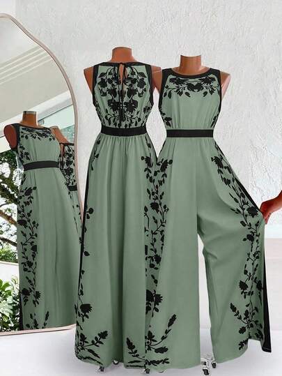 SHEIN Clasi Plus Size Summer Casual Floral Print Waist Cinched Sleeveless Wide Leg Jumpsuit