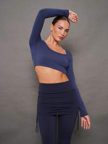 Activina Maglietta sportiva a maniche lunghe, aderente, con scollo a barca, di colore unito, alla moda - Blu - Visualizzare 4