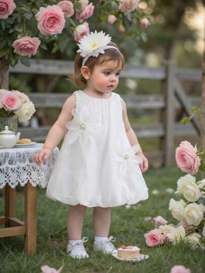 1件女婴圆领无袖碎花装饰休闲白色A字连衣裙，适合夏季外出、旅行和拍照