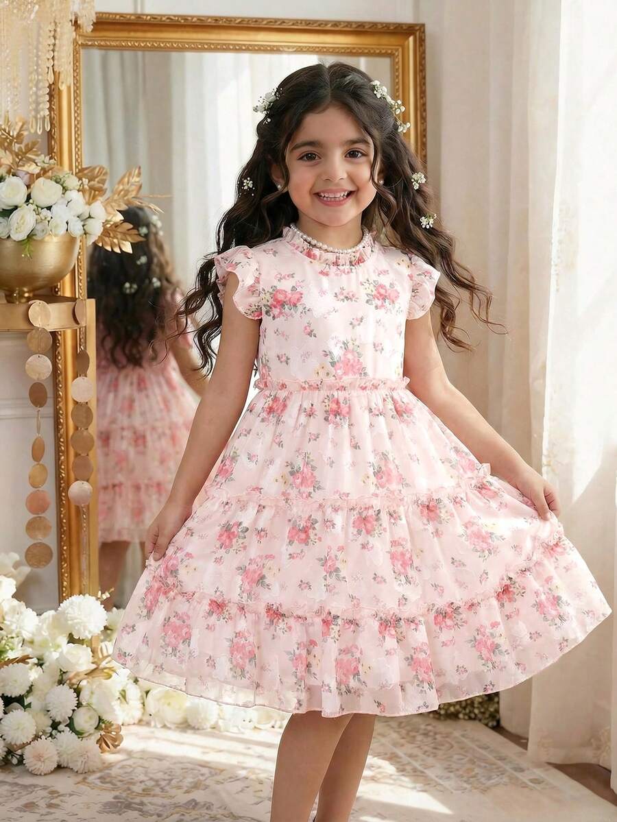 Elladie kids 女童玫瑰印花無袖花朵泡泡袖洋裝,後背拉鍊優雅公主裙,粉色夏季度假日常穿著,2-5歲,適合7歲生日與婚禮 - 粉色 - 查看 1