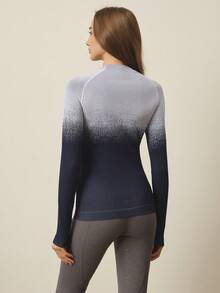 SHEIN With My Calm 1pc Women's Equestrian Wear, Outdoor Round Neck Seamless Knit Tight Fit Riding Long Sleeve Sportswear - Blue and White - View 2