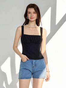 Ardnt Áo hai dây cổ vuông phong cách Pháp cổ điển tối giản, ôm eo, kiểu dáng thon gọn, món đồ không thể thiếu trong mùa hè, thiết kế đơn giản và đa năng. - màu đen - Xem 3