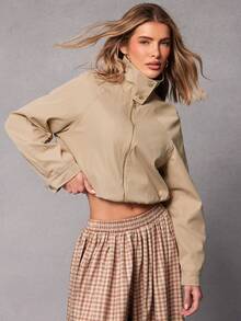 Hauture Women's Cropped Casual Twill Trucker Jacker - Khaki - View 2