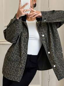 DAZY Women's Leopard Print Denim Button Jacket - Brown - View 4