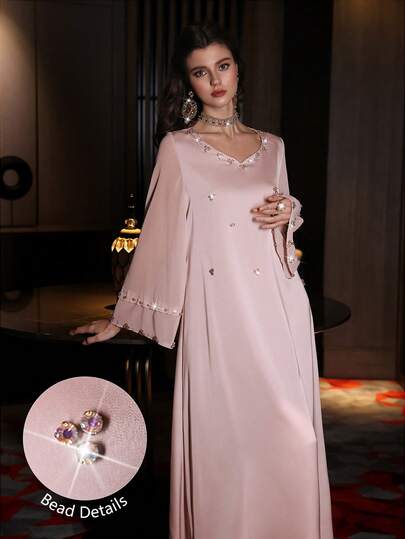 Al Najma Elegant Sweetheart Neck Studded Pearl Flare Sleeve Swing Dress, Spring/Summer