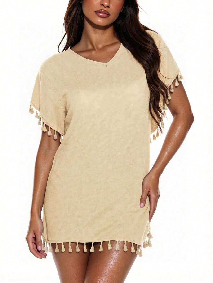 SHEIN Swim Vestido de cubrir con mangas tipo murciélago, decorado con flecos y borlas, para vacaciones de verano de mujer - Albaricoque - Ver 1