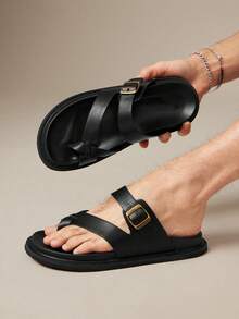 SHUZIA #ComfortCraft Men's Buckled Toe-Loop Cross-Strap Soft-Footbed Premium Faux Leather Black Thong Slide Sandals – Supportive, Minimal & Versatile - Black - View 2