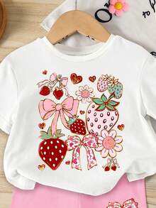SHEIN Playful Pals 女婴两件套休闲套装，简约甜美草莓蝴蝶结印花圆领短袖T恤搭配粉色短裤，适合春夏、户外活动和上学穿着。 - 彩色 - 查看 3