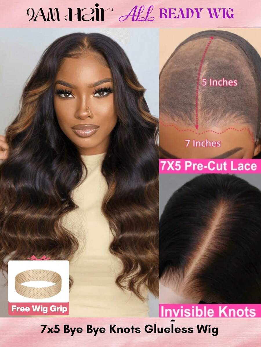 ALL READY WIG 预漂白预拔预剪蕾丝融化蕾丝 7x5 无胶蕾丝闭合假发 100% 真人头发渐变棕色波浪 9AM 头发 - SNATURAL/33 - 查看 1