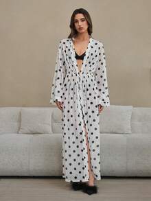 HautHeat Women's Polka Dot Print Drop Shoulder Long Sleeve Casual Robe - Black and White - View 4